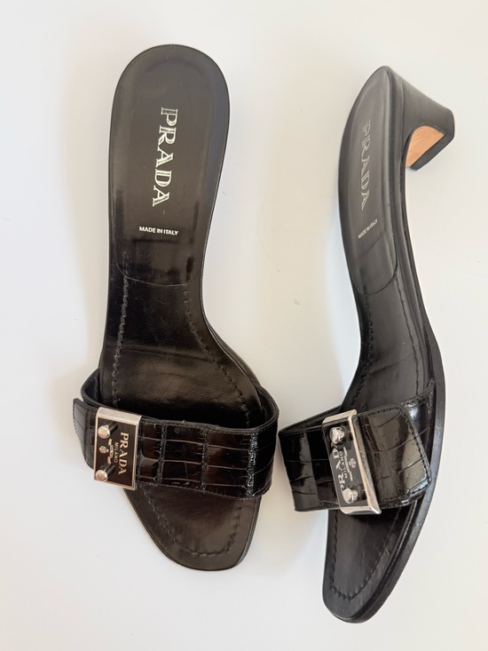 Prada Shoes - Prada Vintage Y2K Croc Embossed Leather Mule Black Logo Plaque Heels EU 38.5